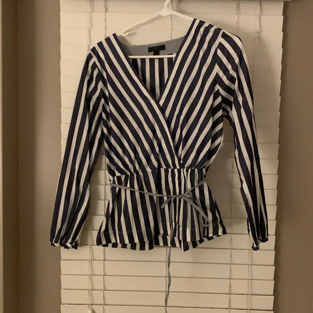 J Crew navy and white striped blouse with tie at waist